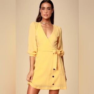 NWT Lulus Aja Balloon Sleeve Mini Dress Small Yellow Button Front